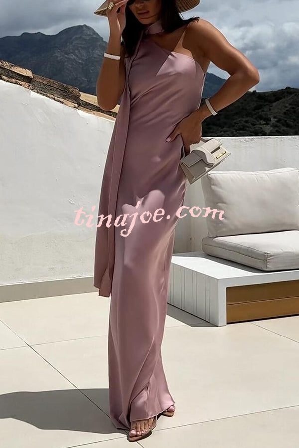 Cheers Babe Satin Solid Color Elegant One Shoulder Tie Maxi Dress