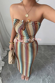 Playful Colorful Knitted Sexy Tube Top and Elegant Back Slit Midi Skirt Set