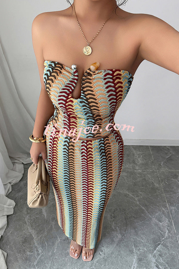 Playful Colorful Knitted Sexy Tube Top and Elegant Back Slit Midi Skirt Set