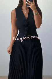 Stylish Rosette Sleeveless Tank Top and Pleated Maxi Skirt Set