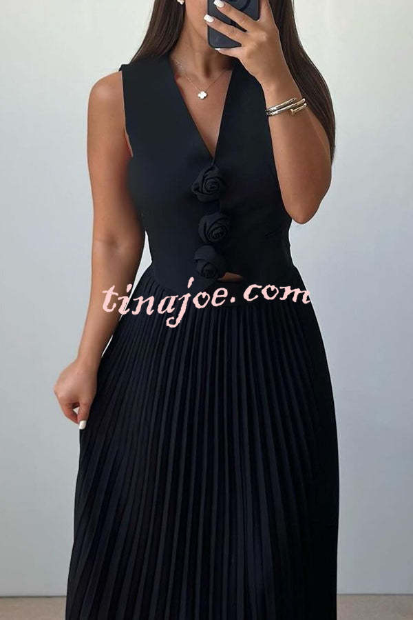 Stylish Rosette Sleeveless Tank Top and Pleated Maxi Skirt Set