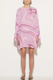 Micah Satin Unique Print Slit Tie-up Sleeve Shift Kaftan Mini Dress