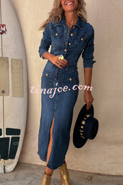 Tessy Denim Metal Button Zipper Shirt Stretch Pencil Slit Midi Dress