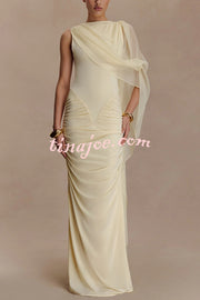 Fashionable Mesh Shawl Sleeveless Slim Fit Pleated Maxi Dress