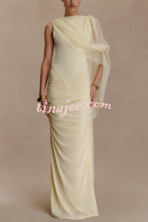 Fashionable Mesh Shawl Sleeveless Slim Fit Pleated Maxi Dress