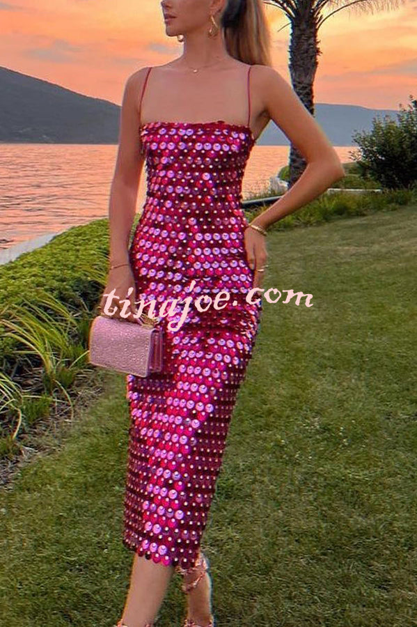 Glamour Glow Sequin Spaghetti Strap Birthday Party Midi Dress