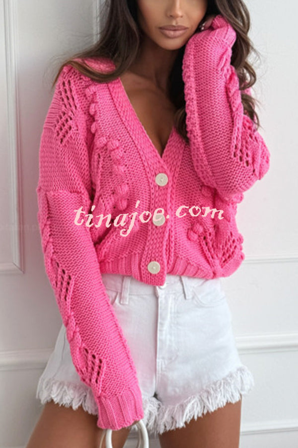 Fashion Hollow Long Sleeve V-neck Button Loose Knitted Cardigan