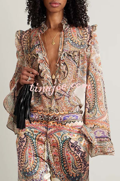 Feeling Dreamy Paisley Print Ruffle Jacquard Bell Sleeve Loose Blouse