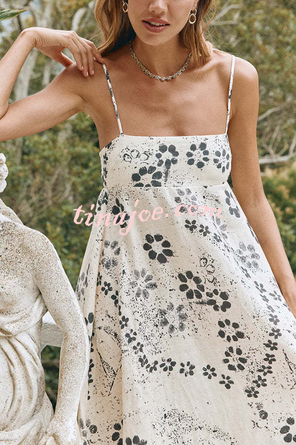 Linen Blend Floral Print Strappy Full-hem Backless Maxi Dress