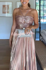 Make A Toast Metallic Fabric Cross Neck Cutout Slit Pleated Maxi Dress