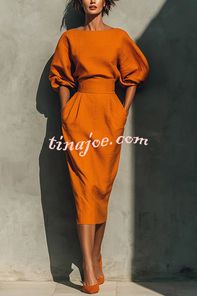Linen Blend Round Neck Balloon Sleeve Top and High Waist Casual Pocket Midi Skirt Set