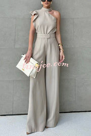 Fashionable One-shoulder Ruffled Top and Casual Simple Straight-leg Suit Pants Set