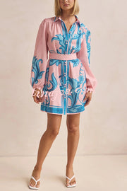 Botanical Print Lapel Puff Sleeve Vintage Belt Loose Mini Dress
