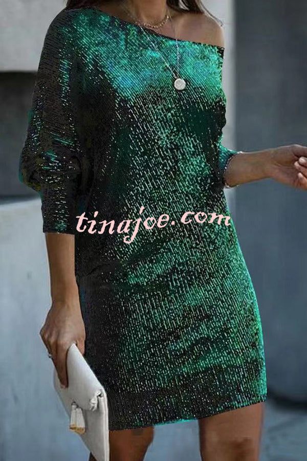 Solid Sequined Off-shoulder Loose Mini Dress