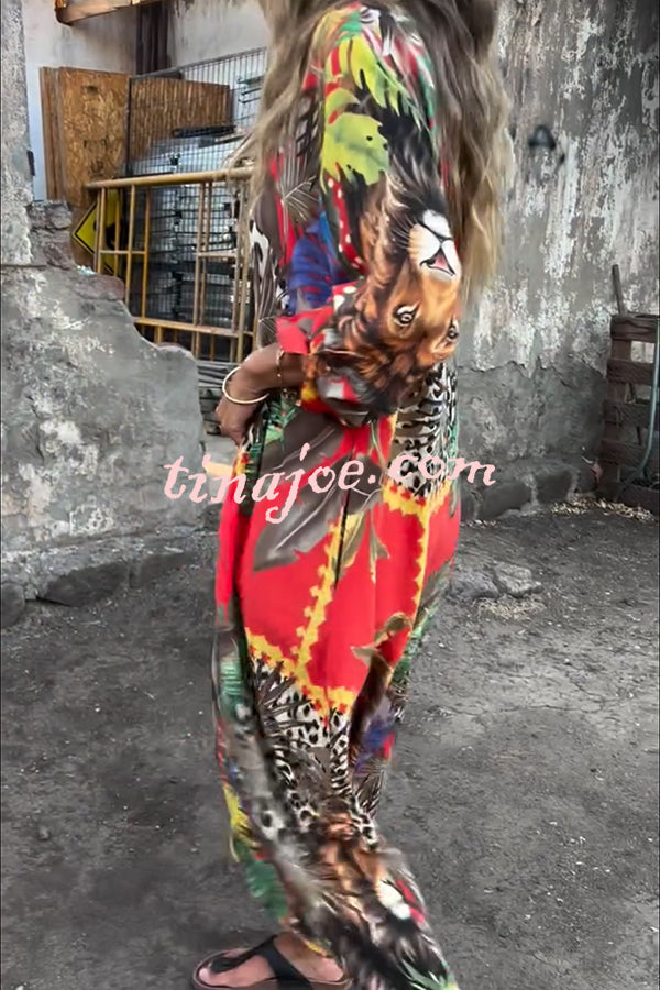 Jungle Miracle Animal Unique Print Button Long Sleeve Midi Relaxed Blouse