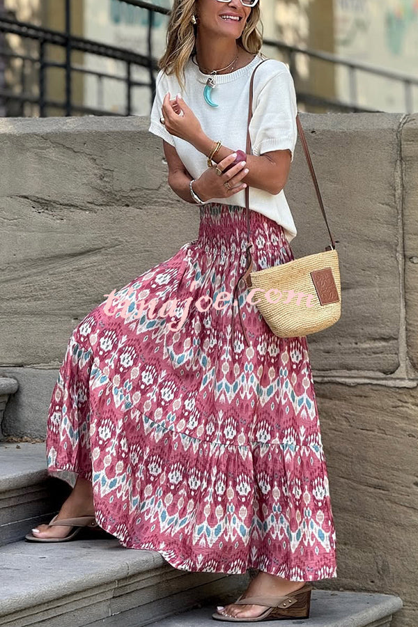 Resort Style Unique Print Pleated Elastic Waist Maxi Skirt