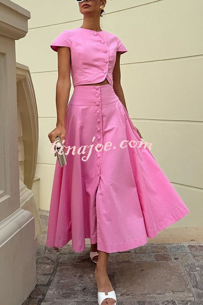 Solid Color Round Neck Button Crop Top and Elegant High Waist Slit Maxi Skirt Set