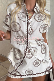Resort Style Print Lapel Short Sleeve Shirt and Casual Mini Skirt Set