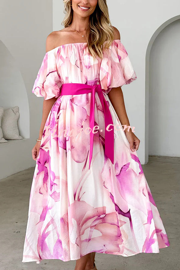 Floral Print Elegant Puff Sleeve Tie-Waist Midi Dress