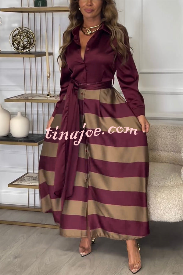 Lindsey Satin Colorblock Contrast Long Sleeve Belted Shirt Maxi Dress