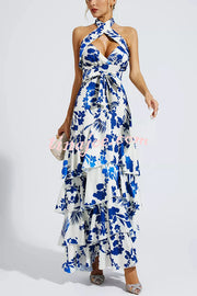 Gorgeous Styling Botanical Print Halter Neck Open Back Tiered Hem Maxi Dress