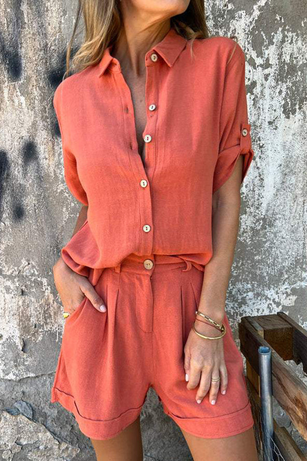 Linen Blend Solid Color Button Lapel Short Sleeve Shirt and Casual Pocket Shorts Set