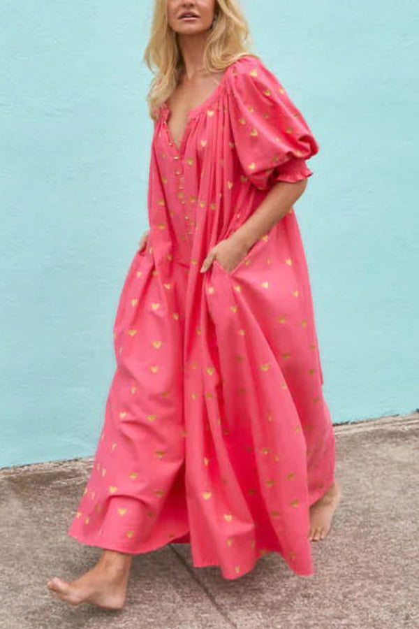 Valentine's Day Gold Heart Print Puff Sleeve Button Pocketed Loose Maxi Dress