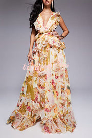 Wedding Season Chiffon Floral Ruched Plunge Open Back Maxi Dress