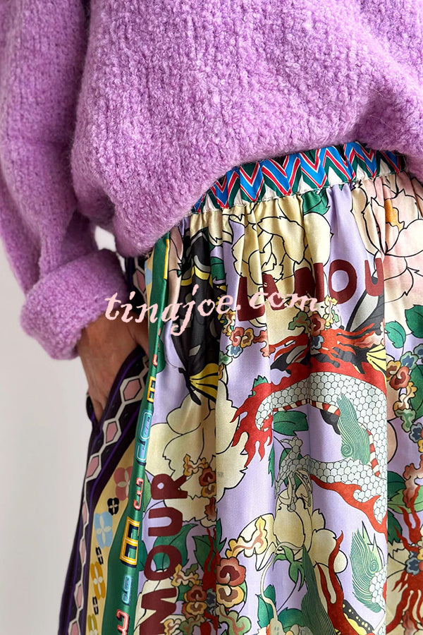 Dragon Season Unique Print Elastic Waist Pocketed Midi Skirt