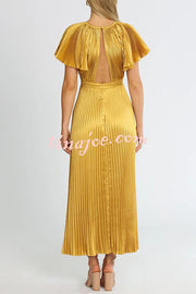 Flash Goddess Satin Pleated Bell Sleeve Cutout Detail Gown Maxi Dress