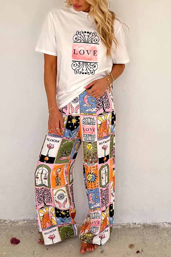 Whimsical Tarot Inspired Print Dolman Sleeve Flowy Shirt and Elastic Waist Wide Leg Pants Set