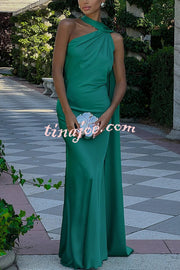 Crush on You Satin One Shoulder Backless Cape Maxi Dress
