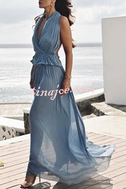 Pure Lightness Chiffon Pleated Halter Backless Top and Elastic Waist A-line Maxi Skirt Set