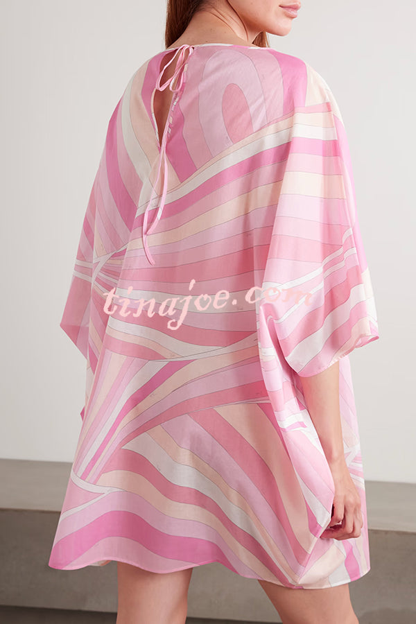 1970s Inspired Chiffon Unique Print Half Sleeve Kaftan Loose Mini Dress