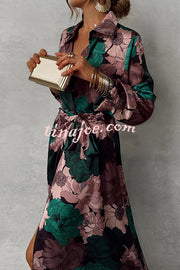 Floral Print Lapel Waisted Lace-up Long-sleeve Maxi Dress