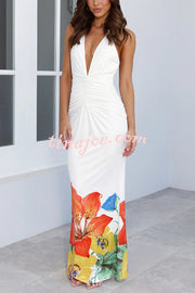 Floral Print Sexy Halterneck Open Back Pleated Slim Maxi Dress