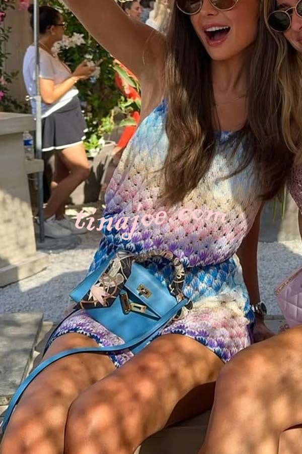 Wave Waves Knit Colorful Zigzag Pattern Halter Neck Backless Loose Romper