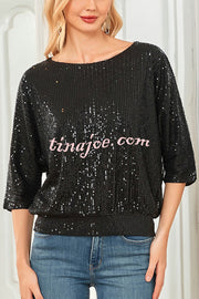 Solid Color Sequined Loose Round Neck Casual Top