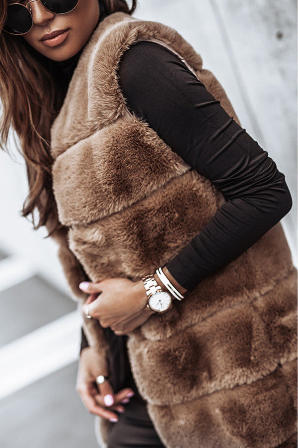 Solid Color Fur Round Neck Sleeveless Midi Vest Jacket