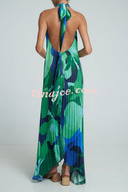 Opera Pleated Colorblock Camouflage Print Cutout Halter  A-line Maxi Dress