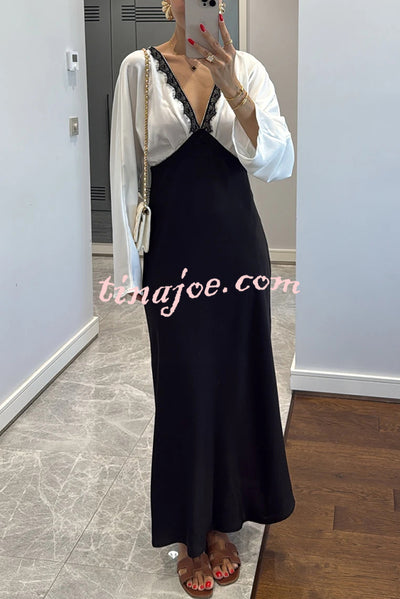 Lainei Contrast Color Satin Lace Trim V-neck Long Sleeve Maxi Dress