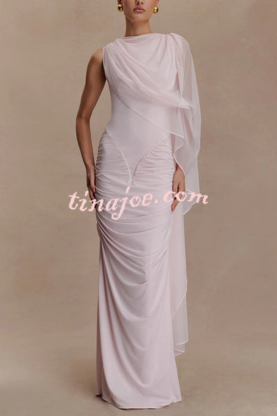 Fashionable Mesh Shawl Sleeveless Slim Fit Pleated Maxi Dress