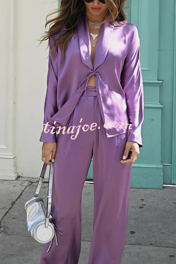 Beyond Time Satin Lapel Lace-up Blouse and Back Elastic Pocketed Loose Pants Set