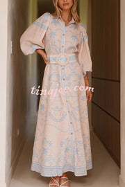 Linen Blend Lapel Puff Sleeve Casual Waist Belted Maxi Dress