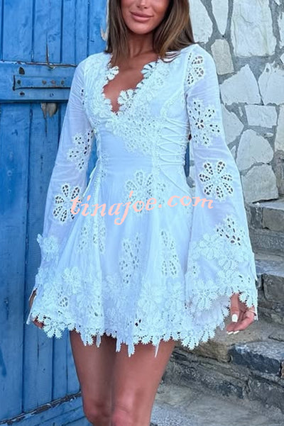 Diaz Embroidery Hollow Fabric Delicate Flower Trim Long Sleeve Side Lace-up Mini Dress
