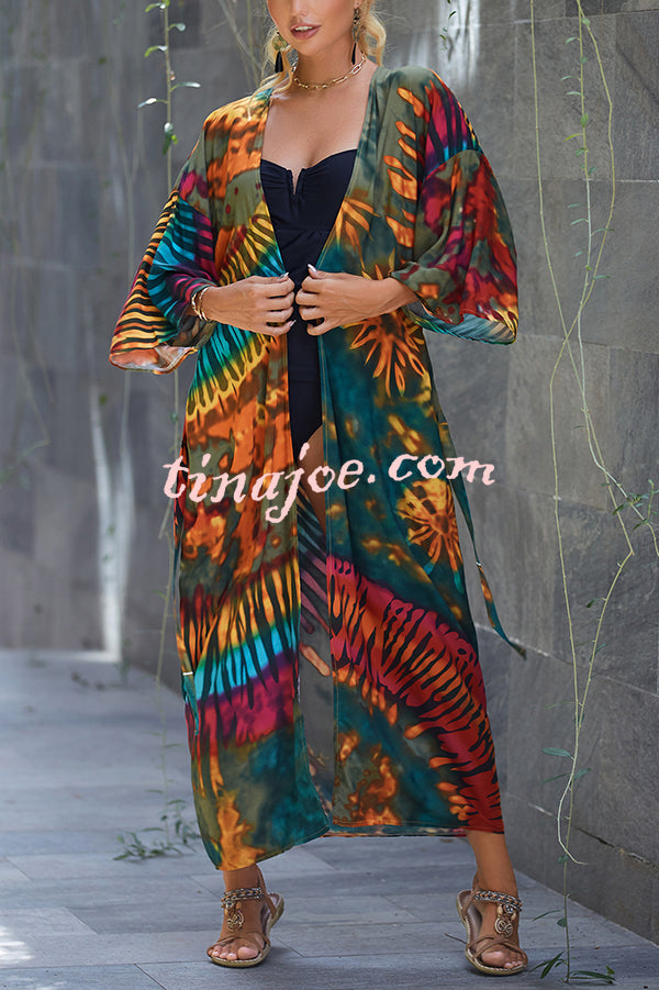 Unique Print Loose Lace Up Holiday Maxi Cover Up