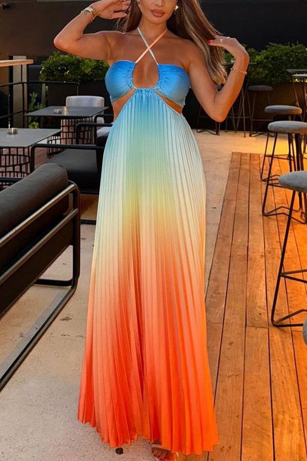 Get Ready Beautiful Gradient Print Cutout Halterneck Pleated Maxi Dress