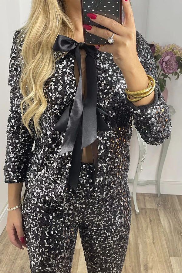 Holiday Cheer Sequin Tie-front Satin Bow Long Sleeve Jacket