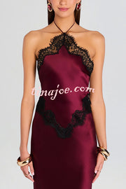 Everly Contrast Color Satin Lace Trim Halter Back Lace-up Flare Maxi Dress