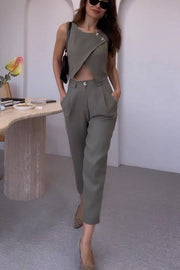 Balvin Linen Blend Cross Button Neck Crop Vest and High Rise Pocketed Pants Set